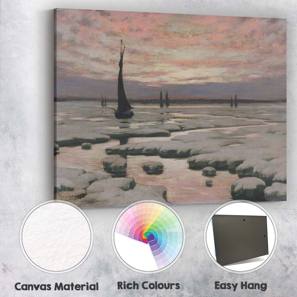 Peaceful Frozen Harbour Sailboats Pink Winter Sunset Canvas Wall Art Print Decor Picture Ready to Hang