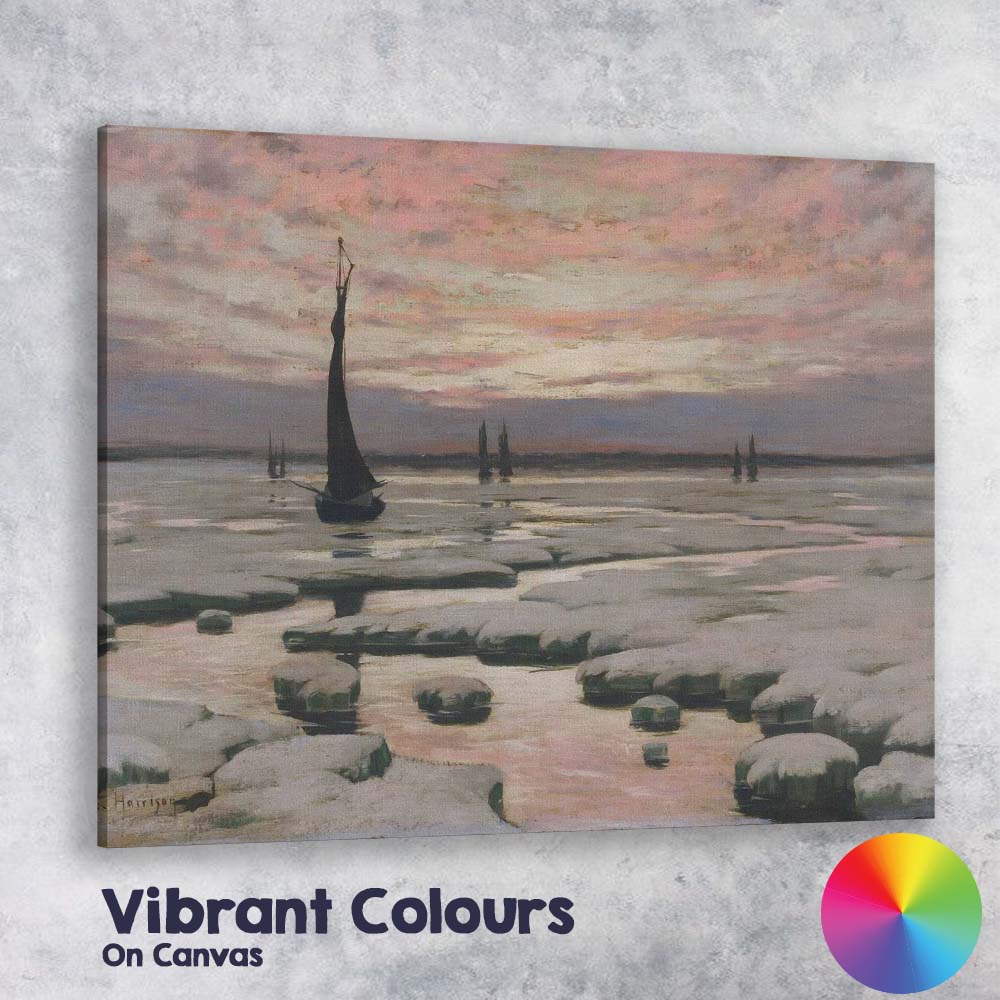 Peaceful Frozen Harbour Sailboats Pink Winter Sunset Canvas Wall Art Print Decor Picture Ready to Hang