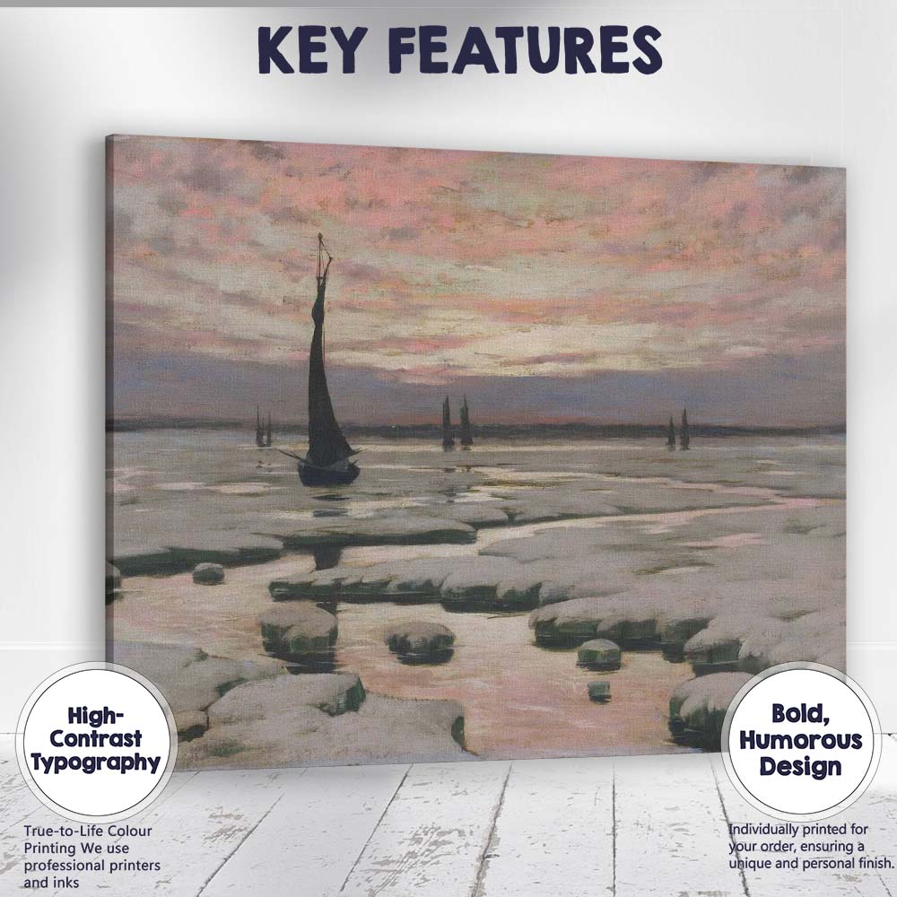 Peaceful Frozen Harbour Sailboats Pink Winter Sunset Canvas Wall Art Print Decor Picture Ready to Hang