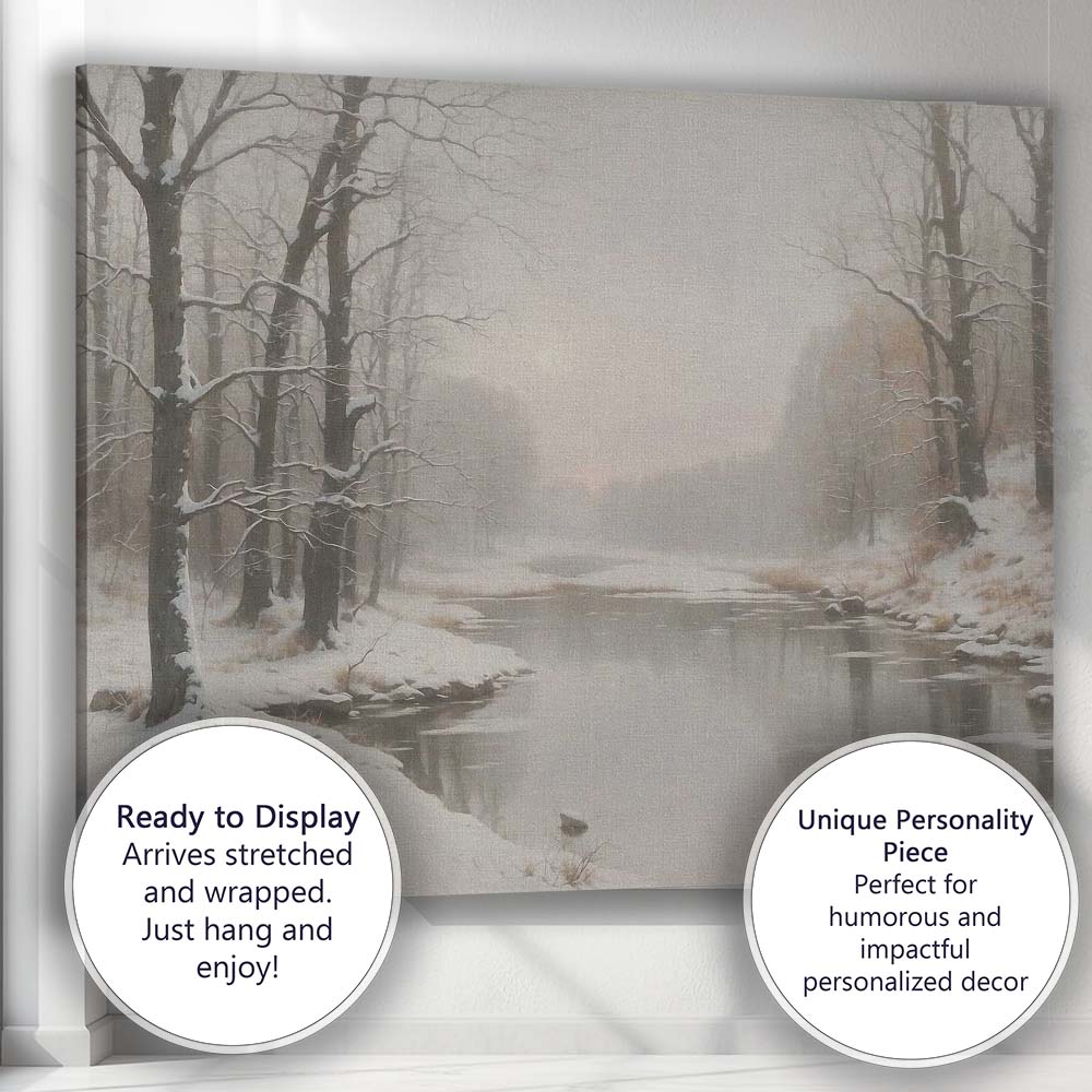 Misty Winter River Snow Covered Woodland Tranquil Landscape Canvas Wall Art Print Decor Picture Ready to Hang