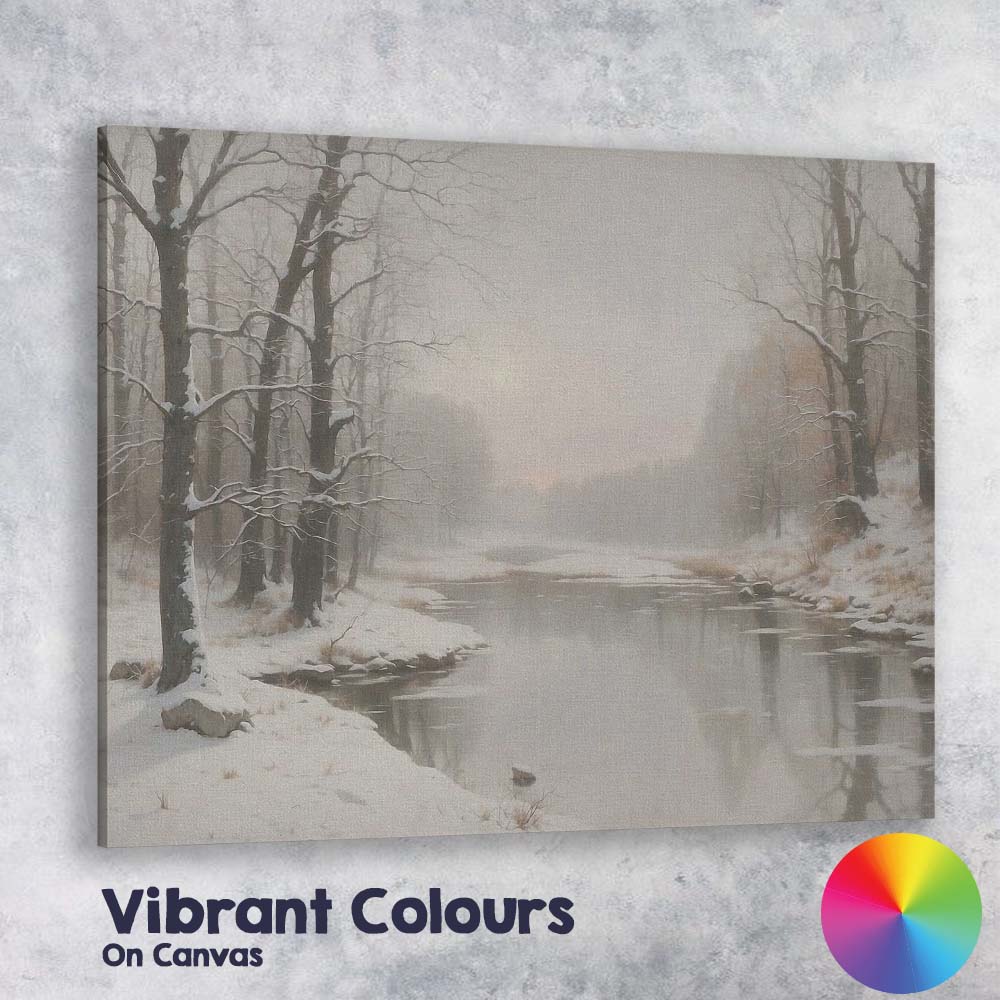 Misty Winter River Snow Covered Woodland Tranquil Landscape Canvas Wall Art Print Decor Picture Ready to Hang