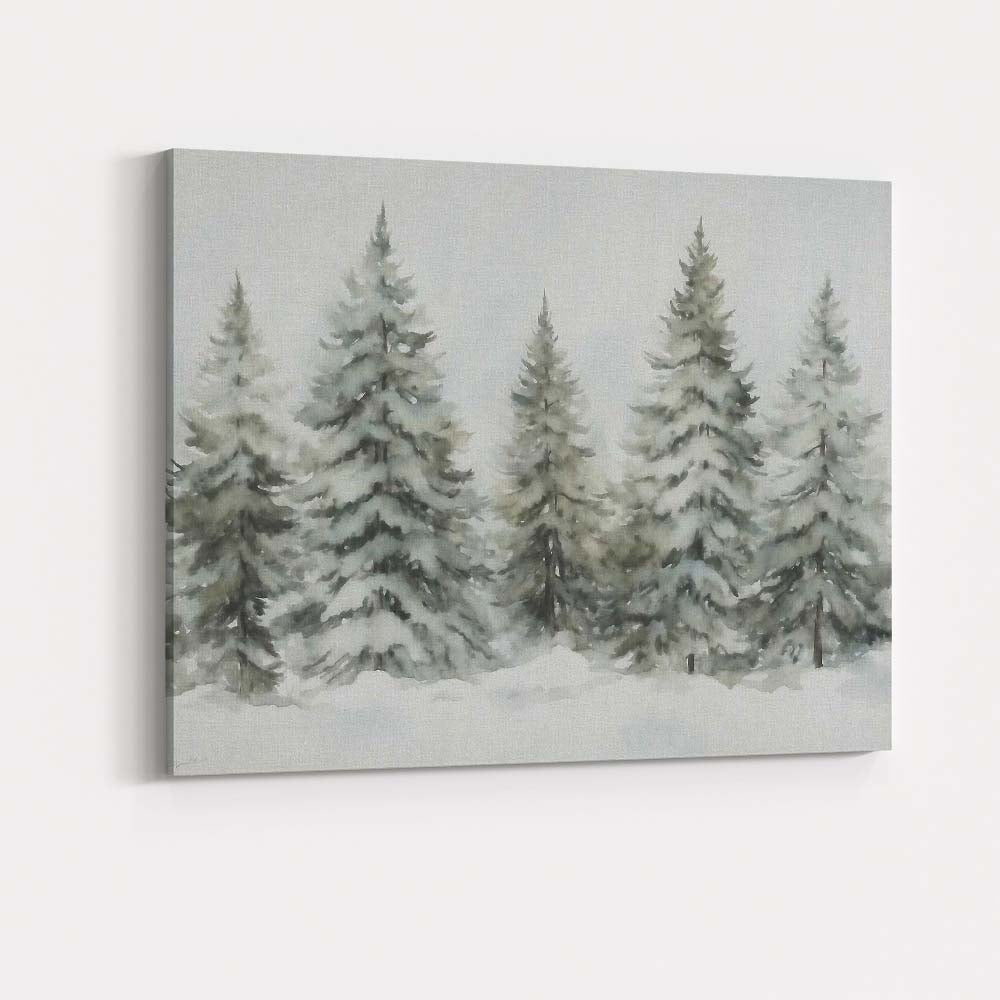 Soft Watercolour Frosted Evergreen Trees Snowy Winter Forest Canvas Wall Art Print Decor Picture Ready to Hang