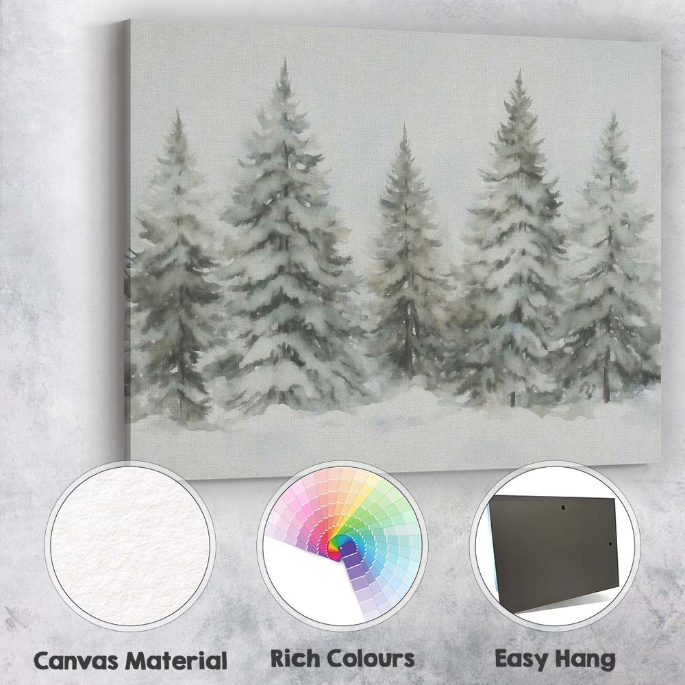 Soft Watercolour Frosted Evergreen Trees Snowy Winter Forest Canvas Wall Art Print Decor Picture Ready to Hang