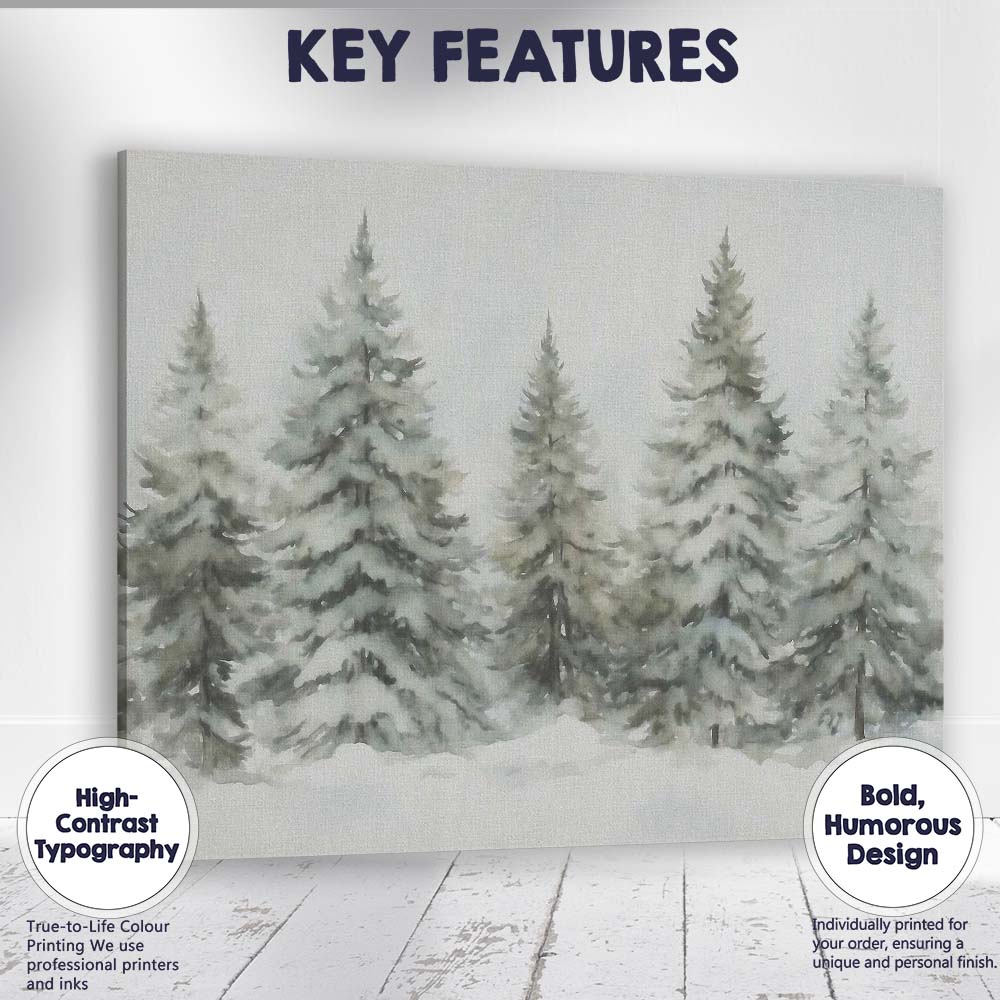 Soft Watercolour Frosted Evergreen Trees Snowy Winter Forest Canvas Wall Art Print Decor Picture Ready to Hang