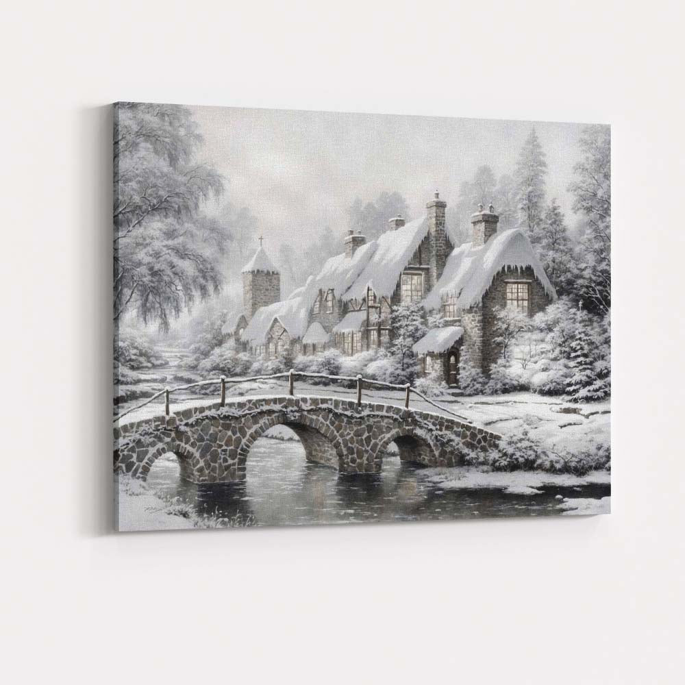 Elegant Frosted Country House Stone Bridge Winter Landscape Canvas Wall Art Print Decor Picture Ready to Hang