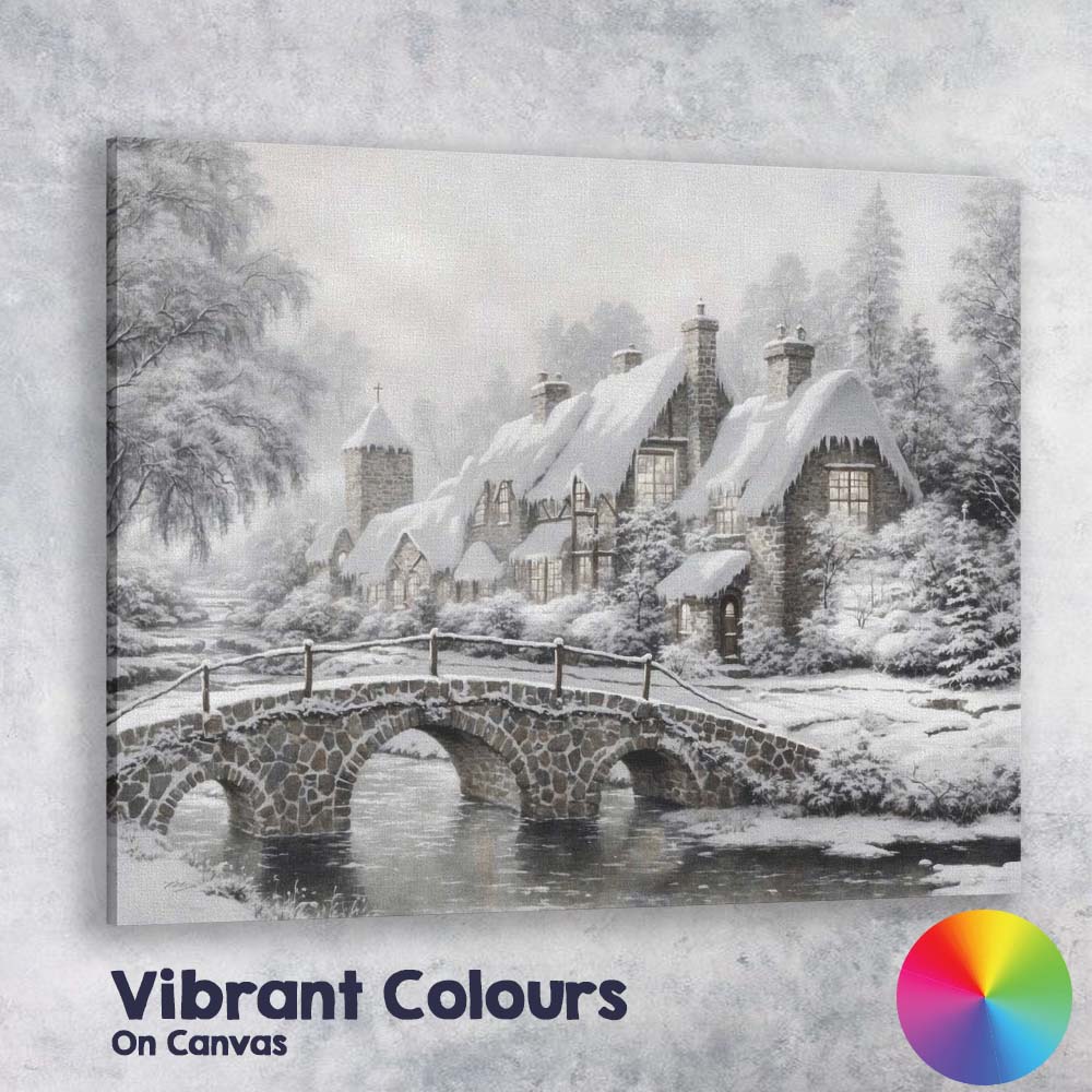 Elegant Frosted Country House Stone Bridge Winter Landscape Canvas Wall Art Print Decor Picture Ready to Hang