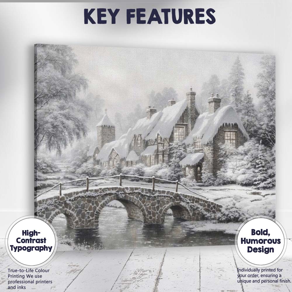 Elegant Frosted Country House Stone Bridge Winter Landscape Canvas Wall Art Print Decor Picture Ready to Hang