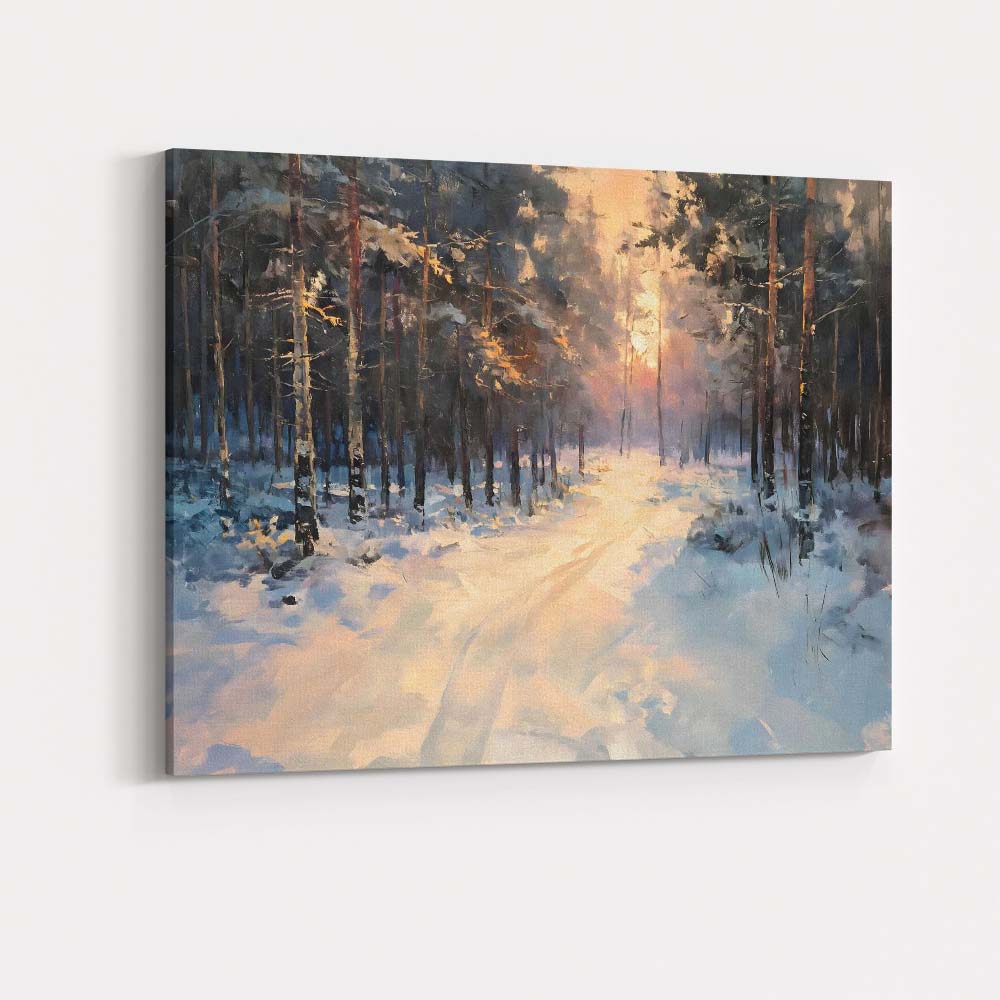 Snow Covered Forest Path Winter Sunrise Impressionist Landscape Canvas Wall Art Print Decor Picture Ready to Hang