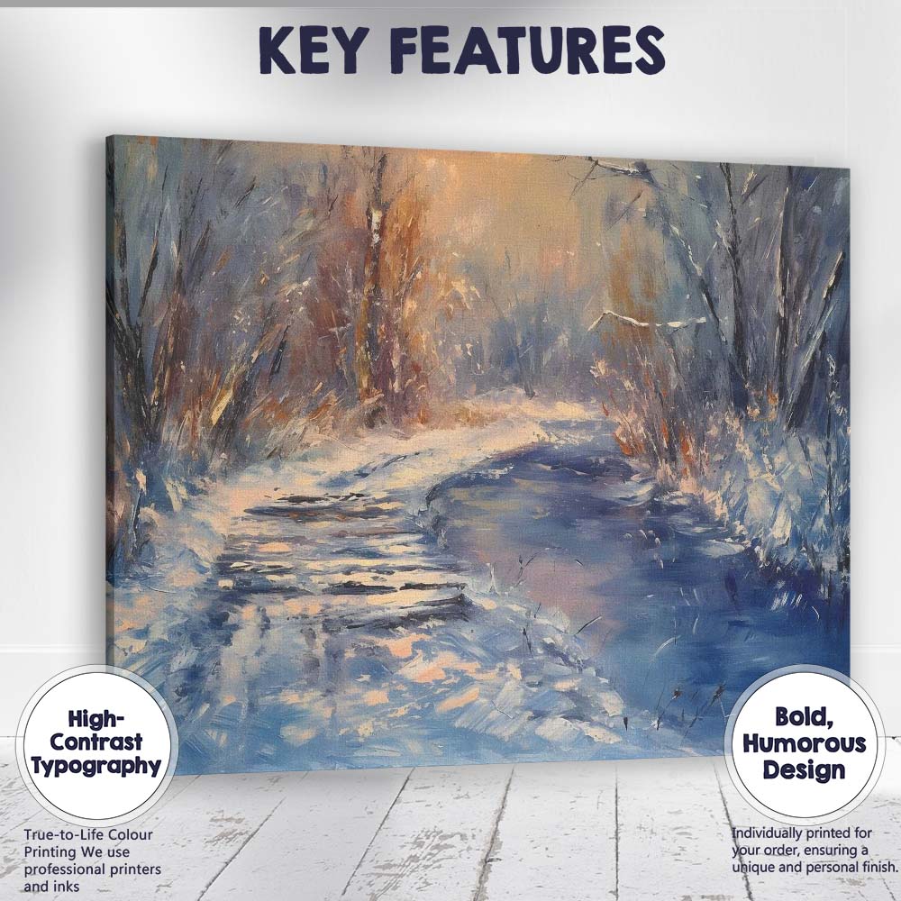 Expressive Winter Stream Snowy Woodland Landscape Canvas Wall Art Print Decor Picture Ready to Hang