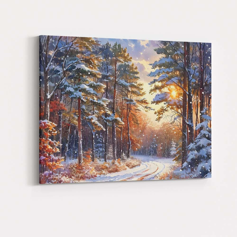 Sunlit Snow Covered Pine Forest Winter Scenic Path Canvas Wall Art Print Decor Picture Ready to Hang