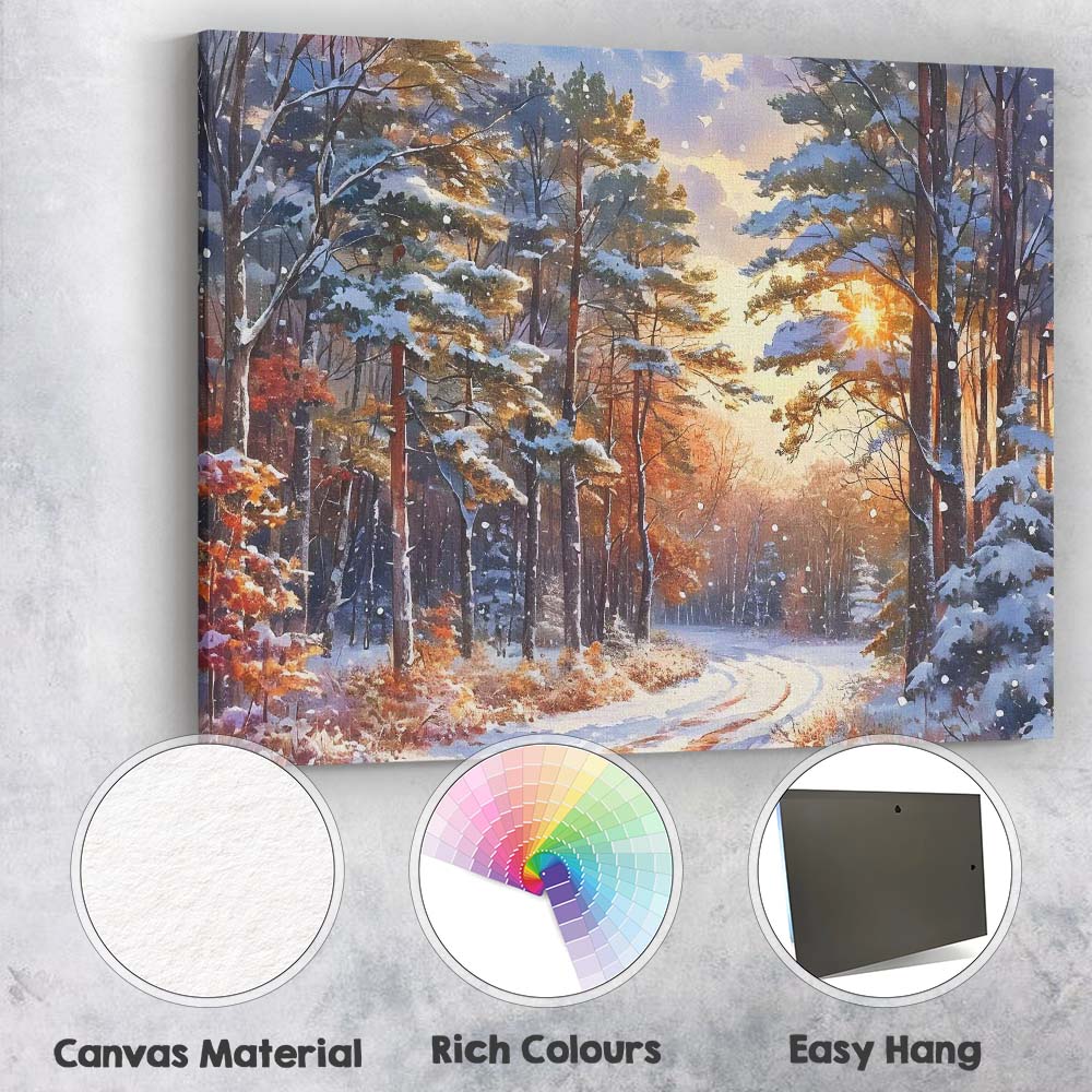 Sunlit Snow Covered Pine Forest Winter Scenic Path Canvas Wall Art Print Decor Picture Ready to Hang