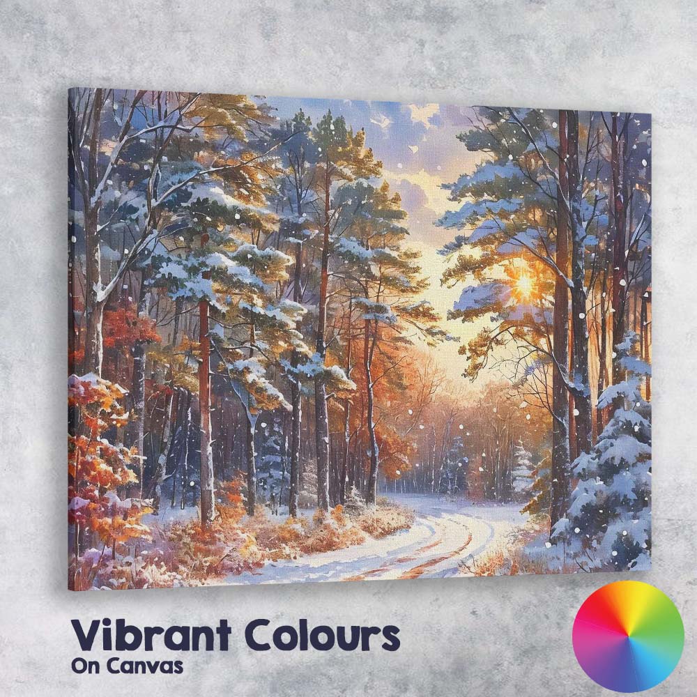 Sunlit Snow Covered Pine Forest Winter Scenic Path Canvas Wall Art Print Decor Picture Ready to Hang