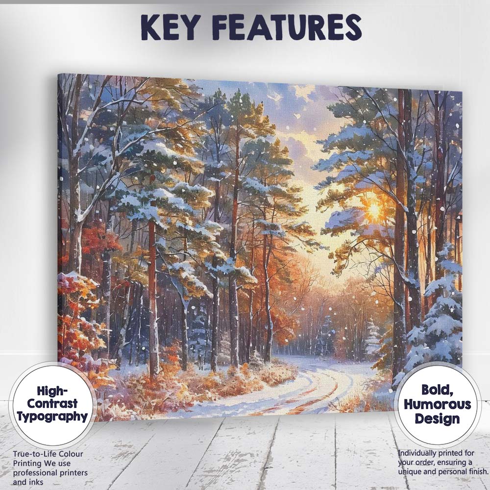 Sunlit Snow Covered Pine Forest Winter Scenic Path Canvas Wall Art Print Decor Picture Ready to Hang