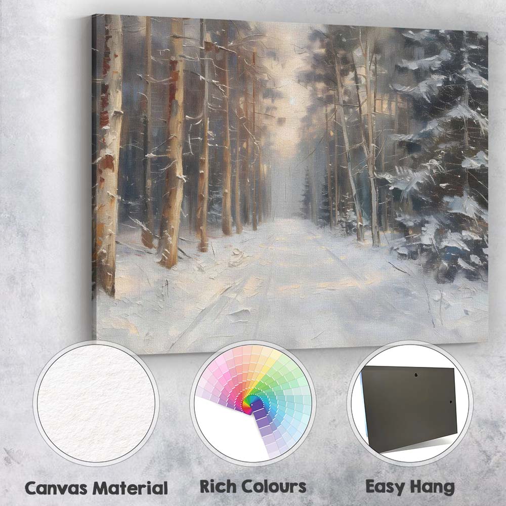 Snow Covered Forest Track Woodland Winter Light Impressionist Canvas Wall Art Print Decor Picture Ready to Hang
