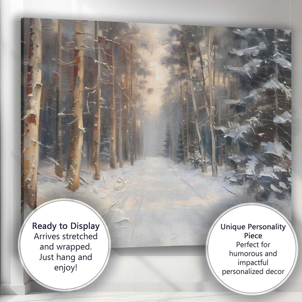 Textured Winter Woodland Snow Covered Forest Track Canvas Wall Art Print Decor Picture Ready to Hang