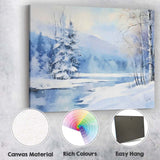 Soft Blue Watercolour Snowy Forest Lake Winter Landscape Canvas Wall Art Print Decor Picture Ready to Hang