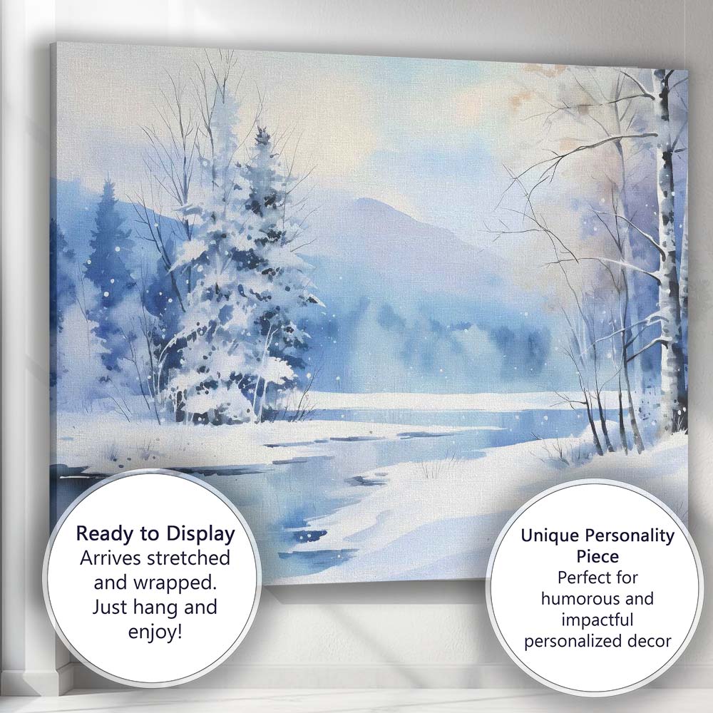 Soft Blue Watercolour Snowy Forest Lake Winter Landscape Canvas Wall Art Print Decor Picture Ready to Hang
