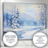 Soft Blue Watercolour Snowy Forest Lake Winter Landscape Canvas Wall Art Print Decor Picture Ready to Hang