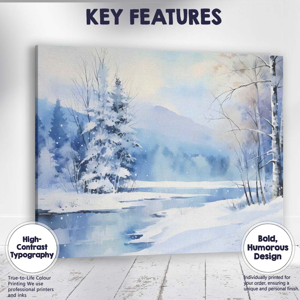 Soft Blue Watercolour Snowy Forest Lake Winter Landscape Canvas Wall Art Print Decor Picture Ready to Hang