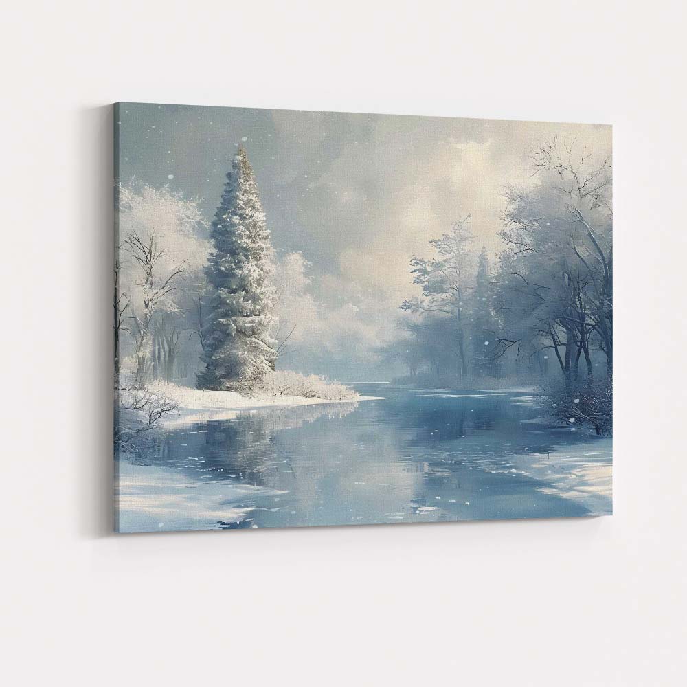 Elegant Frosted Lakeside Trees Winter Reflection Landscape Canvas Wall Art Print Decor Picture Ready to Hang