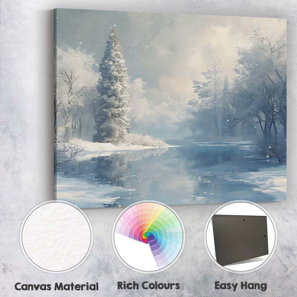 Elegant Frosted Lakeside Trees Winter Reflection Landscape Canvas Wall Art Print Decor Picture Ready to Hang