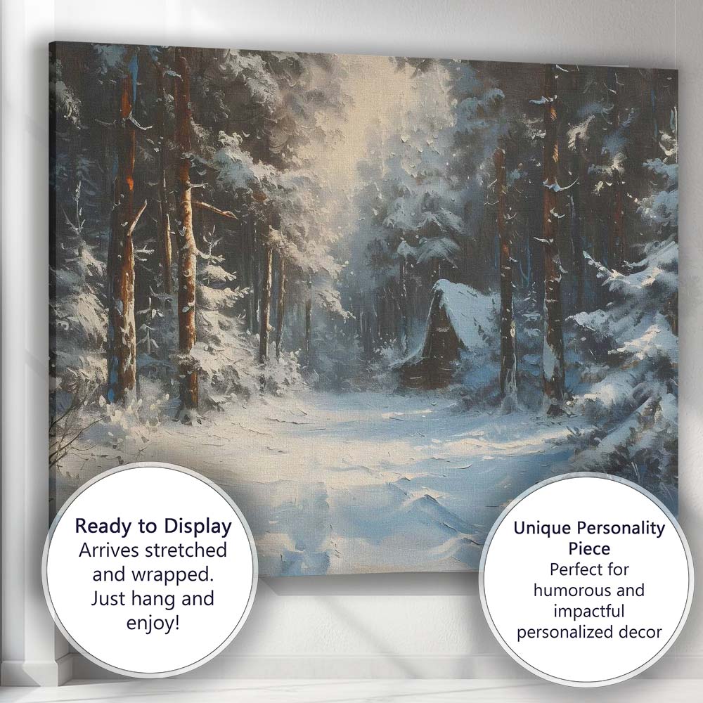 Atmospheric Snowy Forest Cabin Woodland Winter Painting Canvas Wall Art Print Decor Picture Ready to Hang