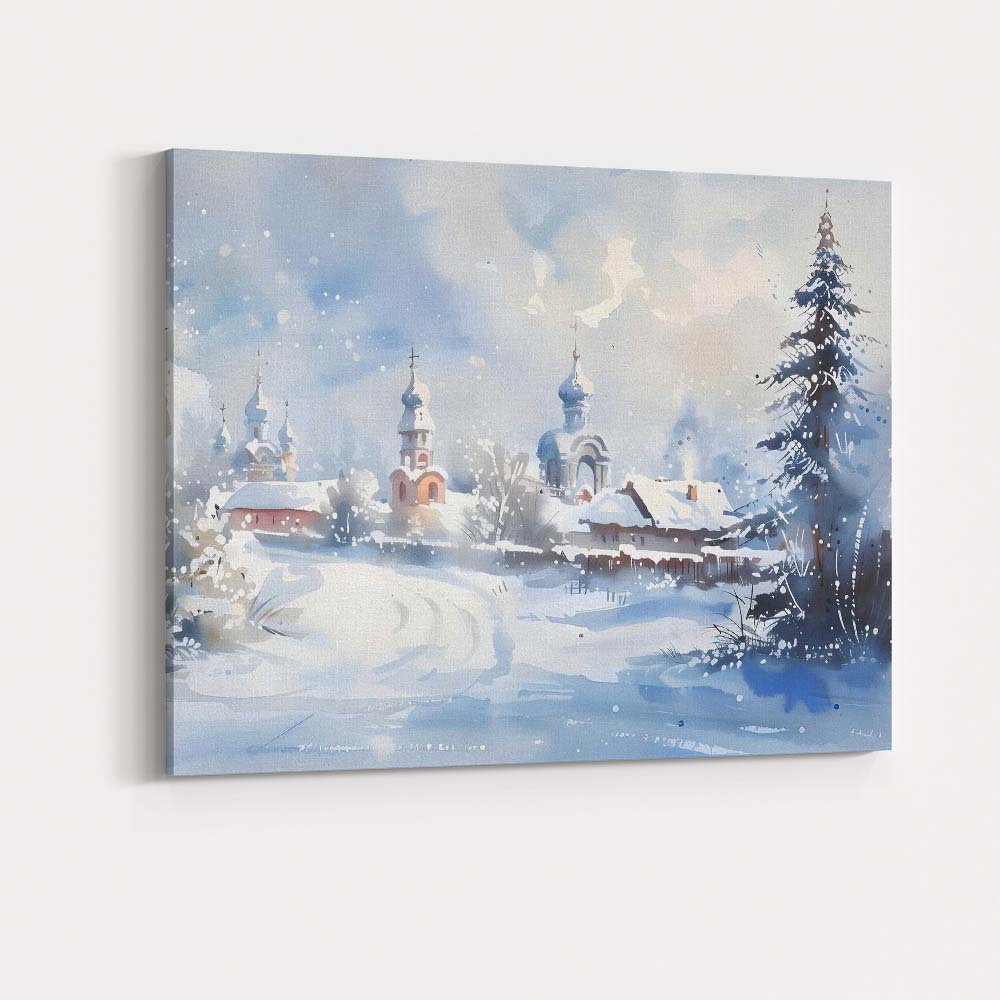 Snow Covered Church Village Winter Watercolour Landscape Canvas Wall Art Print Decor Picture Ready to Hang