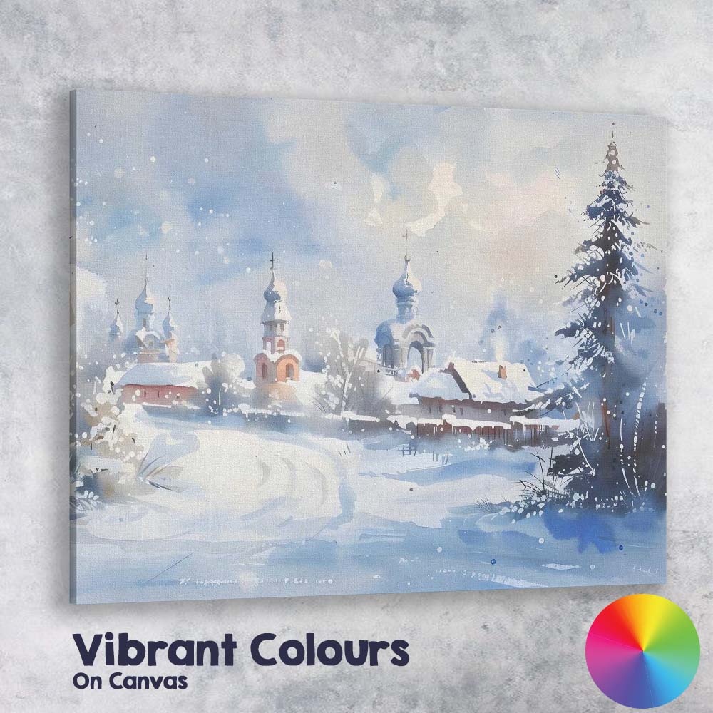 Snow Covered Church Village Winter Watercolour Landscape Canvas Wall Art Print Decor Picture Ready to Hang