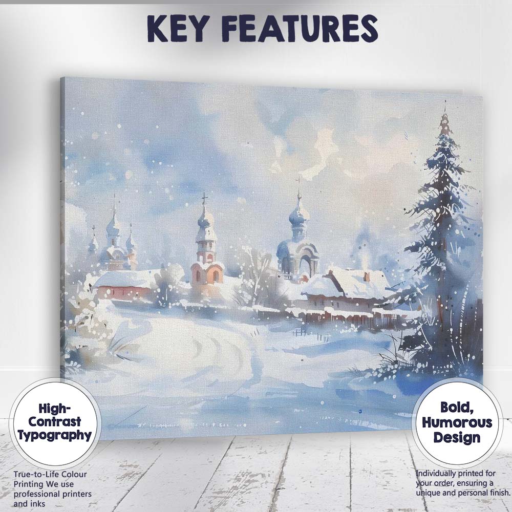 Watercolour Snow Covered Village Church Winter Landscape Canvas Wall Art Print Decor Picture Ready to Hang