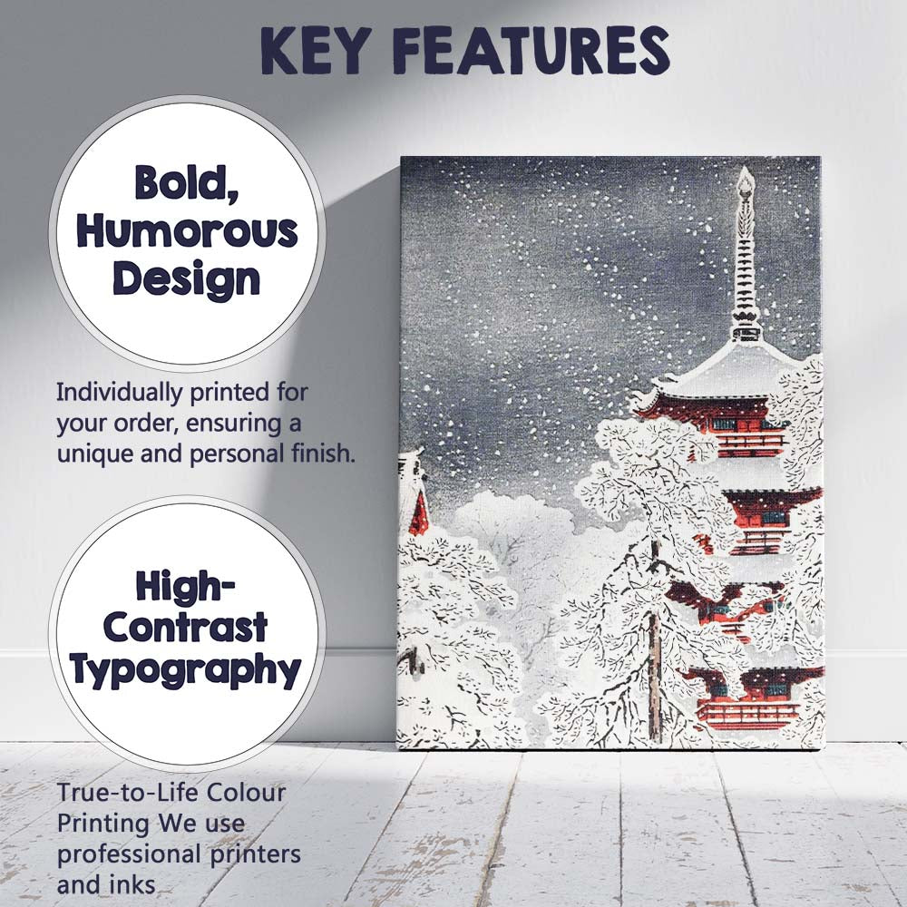 Japanese Pagoda Snow Covered Winter Landscape Watercolour Canvas Wall Art Print Decor Picture Ready to Hang