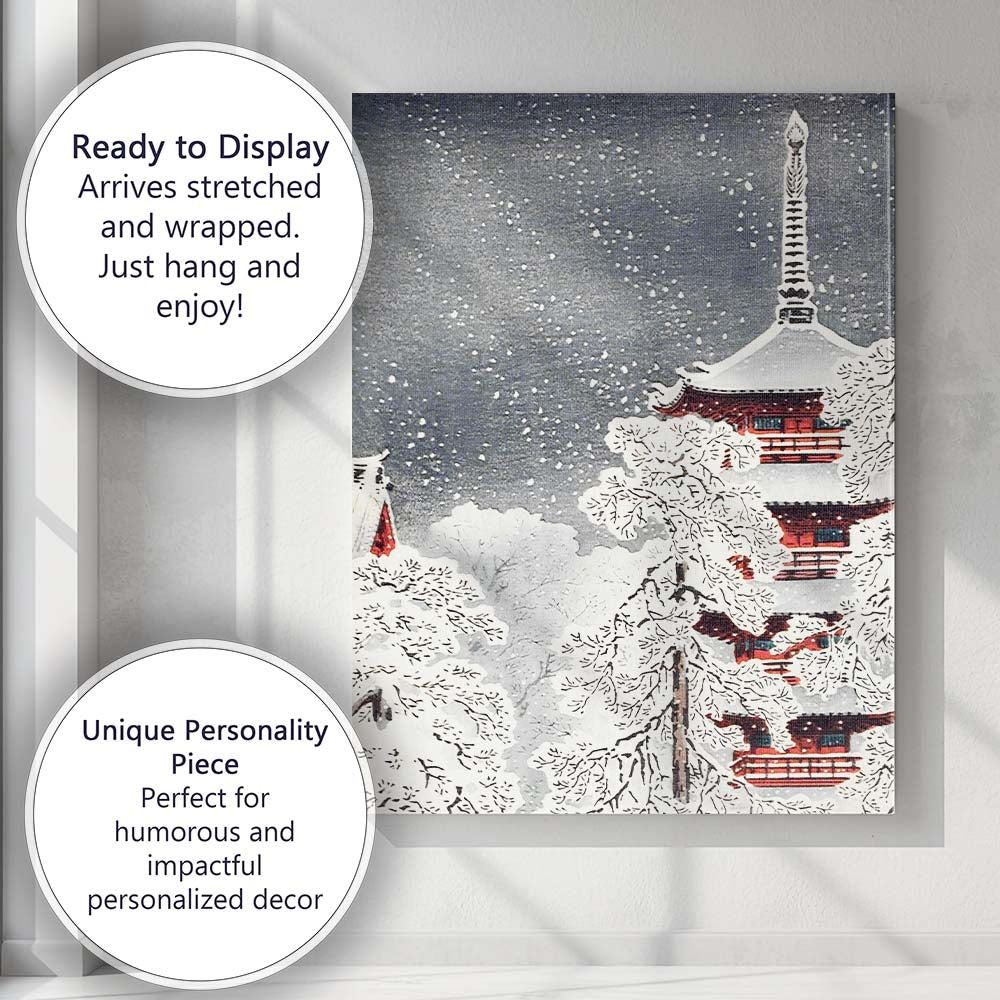 Japanese Pagoda Snow Covered Winter Landscape Watercolour Canvas Wall Art Print Decor Picture Ready to Hang