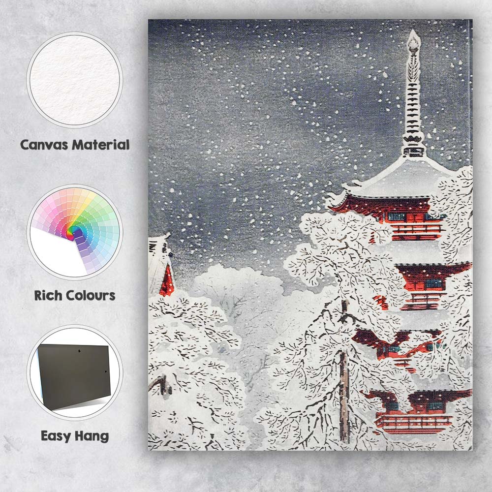 Japanese Pagoda Snow Covered Winter Landscape Watercolour Canvas Wall Art Print Decor Picture Ready to Hang