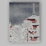 Japanese Pagoda Snow Covered Winter Landscape Watercolour Canvas Wall Art Print Decor Picture Ready to Hang