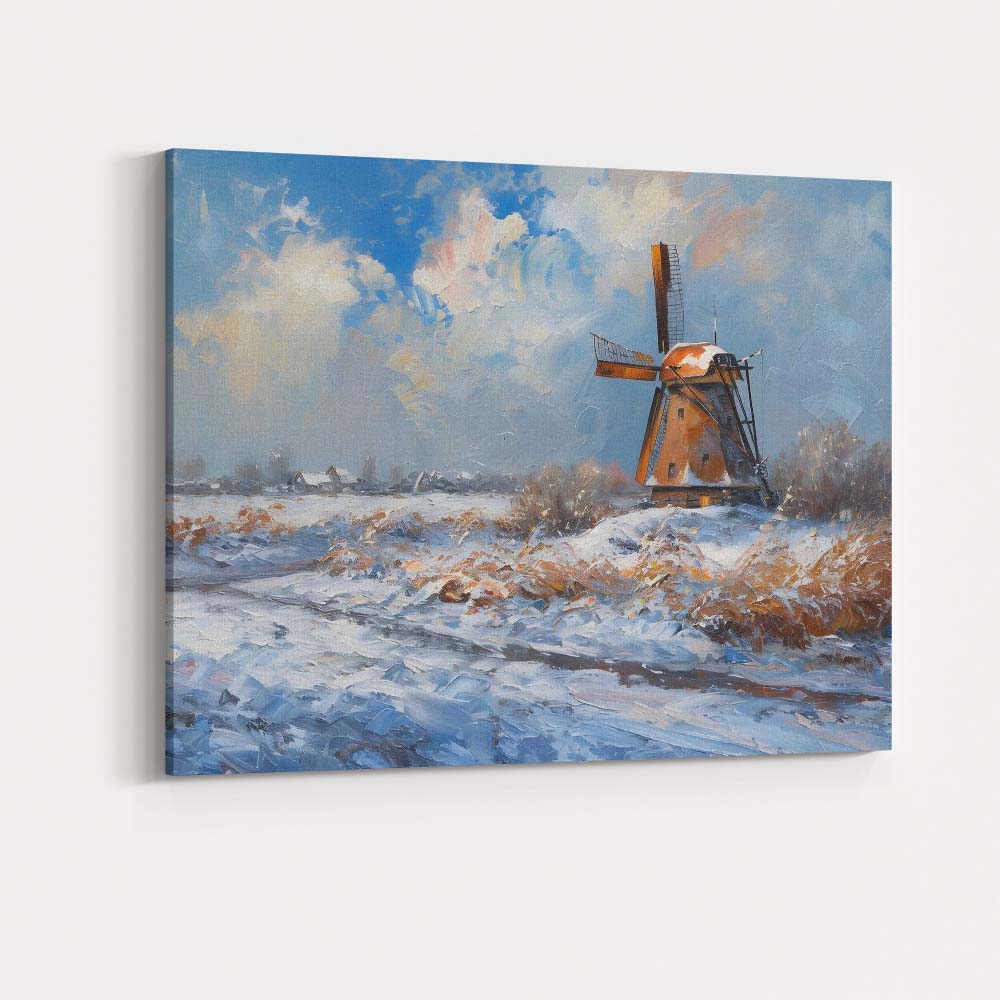 Impressionist Snowy Dutch Windmill Winter Landscape Blue Sky Canvas Wall Art Print Decor Picture Ready to Hang