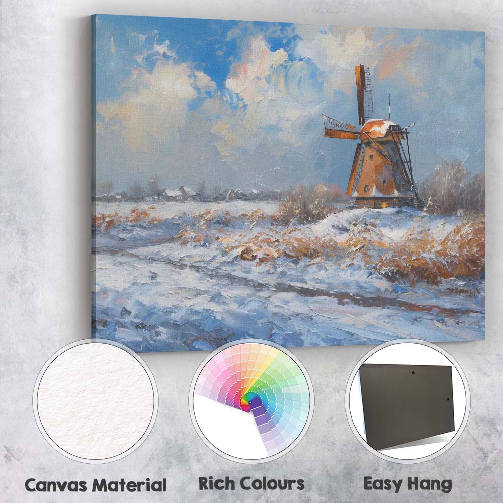 Impressionist Snowy Dutch Windmill Winter Landscape Blue Sky Canvas Wall Art Print Decor Picture Ready to Hang
