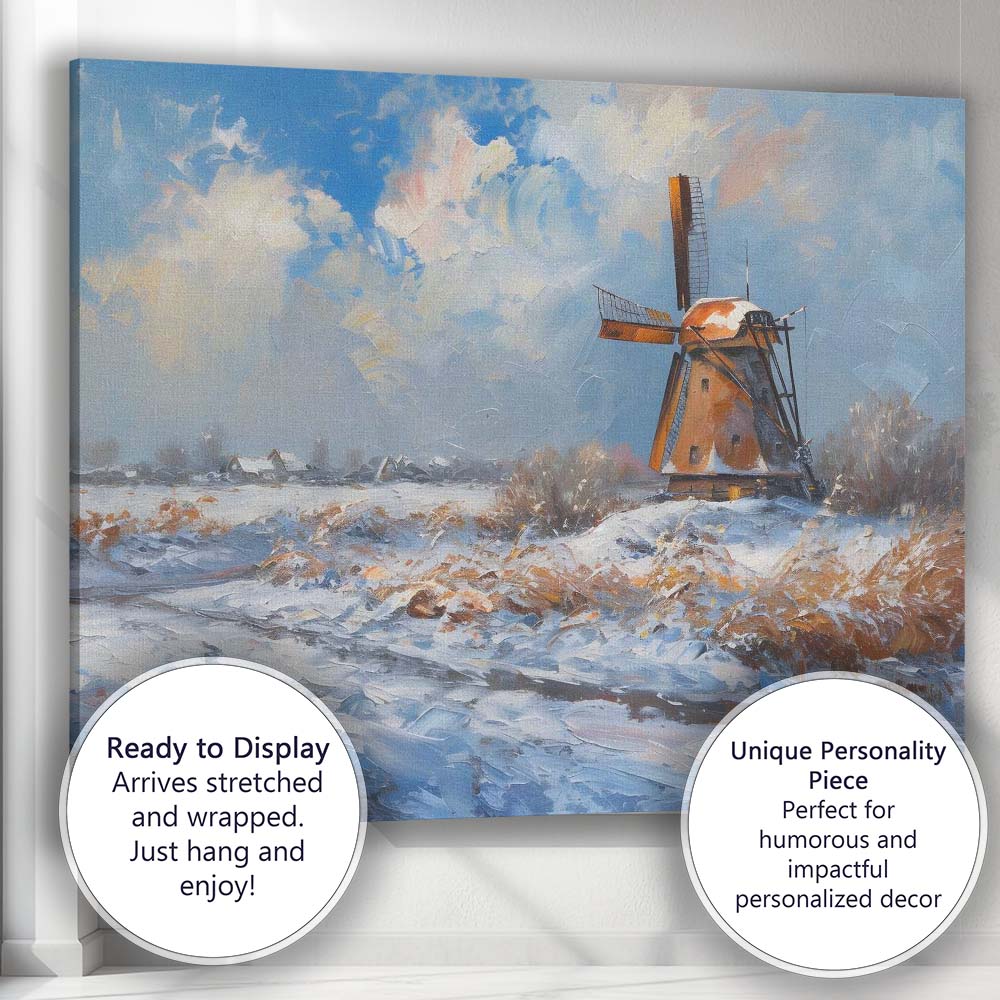 Impressionist Snowy Dutch Windmill Winter Landscape Blue Sky Canvas Wall Art Print Decor Picture Ready to Hang