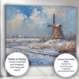 Impressionist Snowy Dutch Windmill Winter Landscape Blue Sky Canvas Wall Art Print Decor Picture Ready to Hang