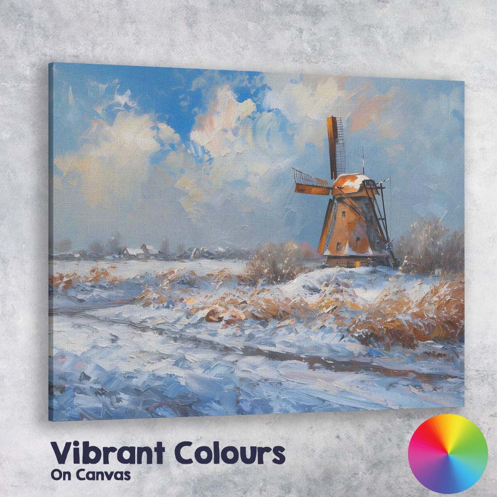 Impressionist Snowy Dutch Windmill Winter Landscape Blue Sky Canvas Wall Art Print Decor Picture Ready to Hang