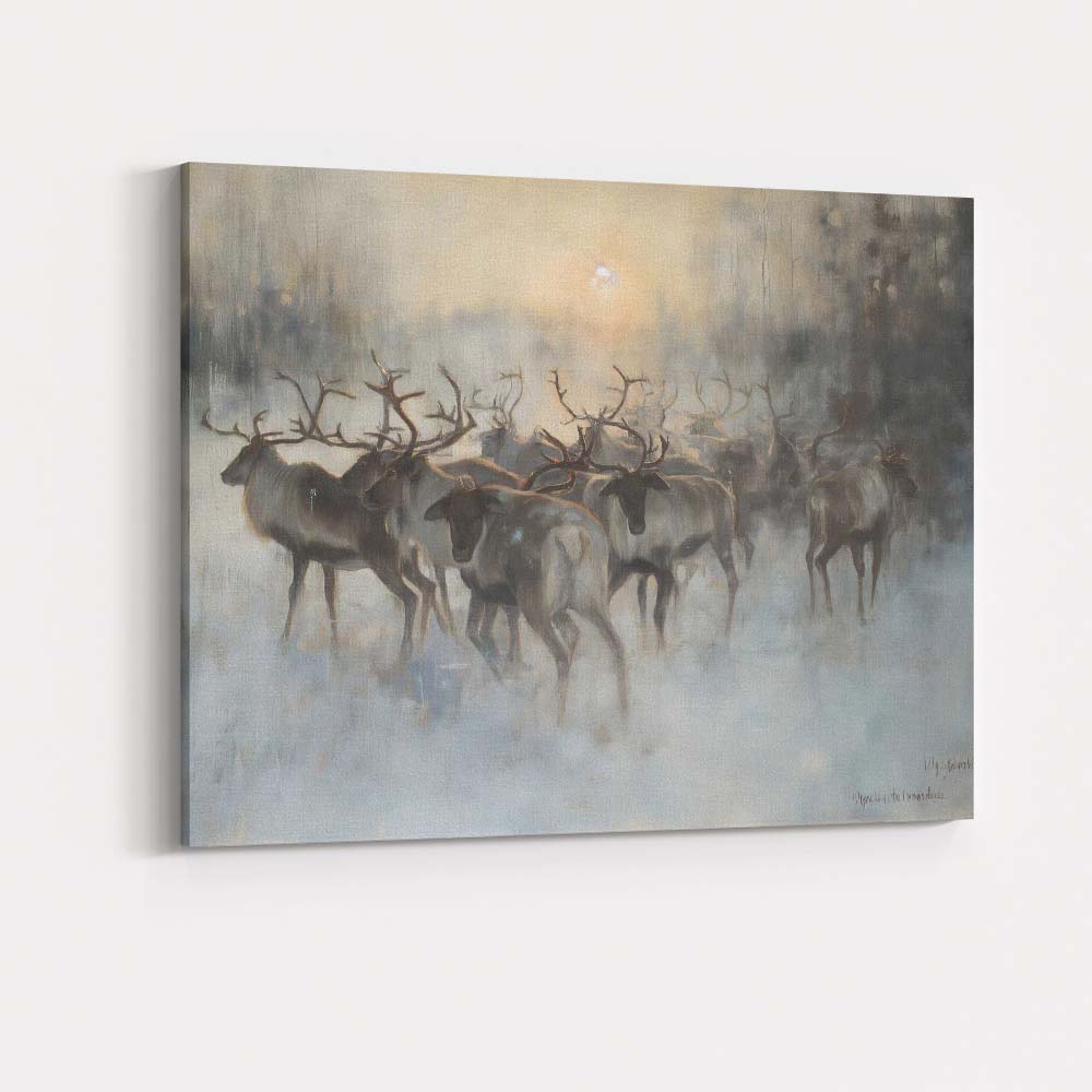 Atmospheric Winter Reindeer Herd Misty Forest Wildlife Canvas Wall Art Print Decor Picture Ready to Hang