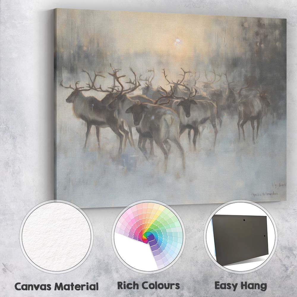Atmospheric Winter Reindeer Herd Misty Forest Wildlife Canvas Wall Art Print Decor Picture Ready to Hang