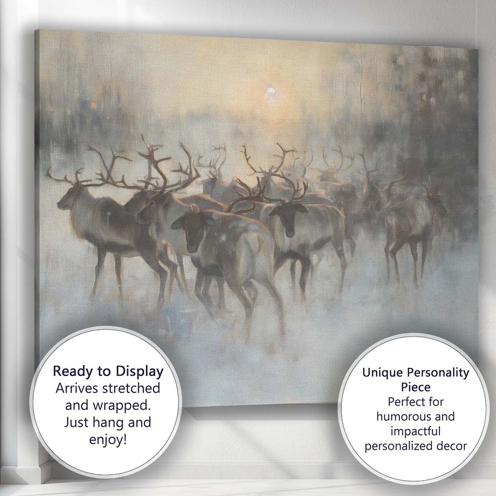 Atmospheric Winter Reindeer Herd Misty Forest Wildlife Canvas Wall Art Print Decor Picture Ready to Hang