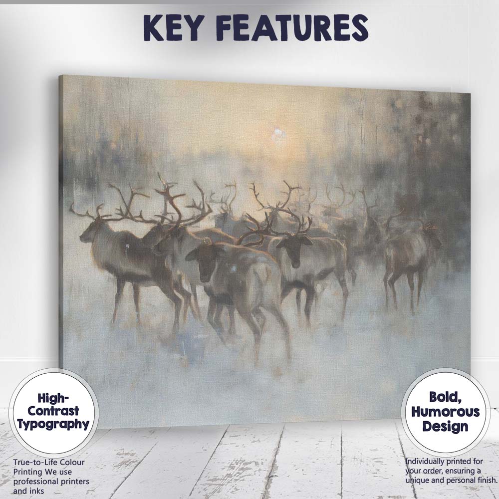 Atmospheric Winter Reindeer Herd Misty Forest Wildlife Canvas Wall Art Print Decor Picture Ready to Hang