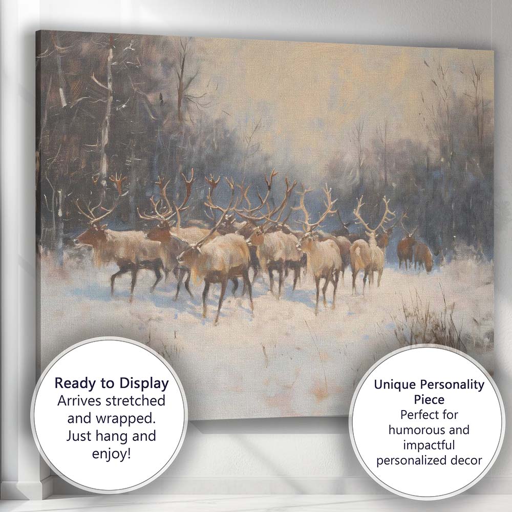 Soft Impressionist Reindeer Herd Snow Covered Woodland Canvas Wall Art Print Decor Picture Ready to Hang