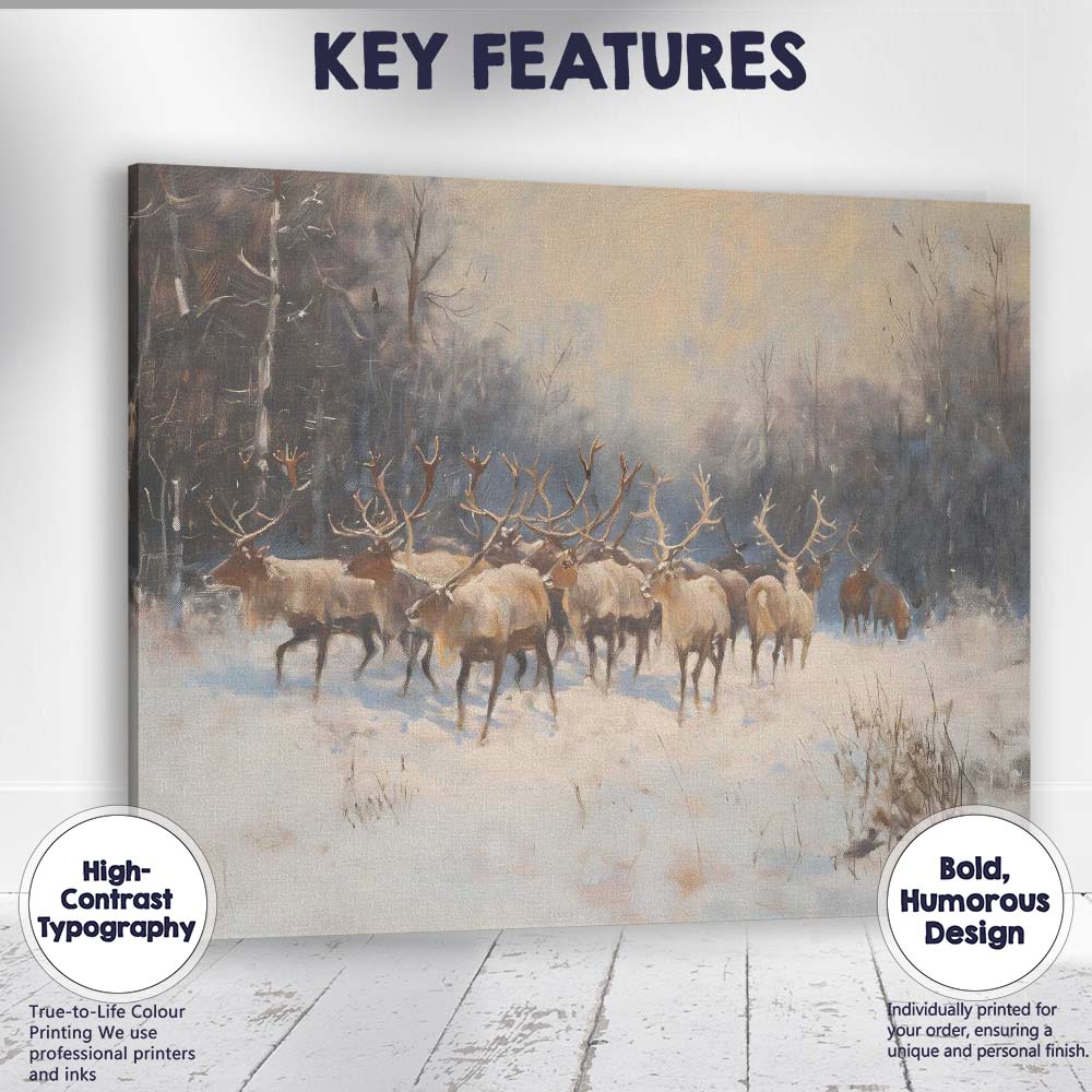 Soft Impressionist Reindeer Herd Snow Covered Woodland Canvas Wall Art Print Decor Picture Ready to Hang