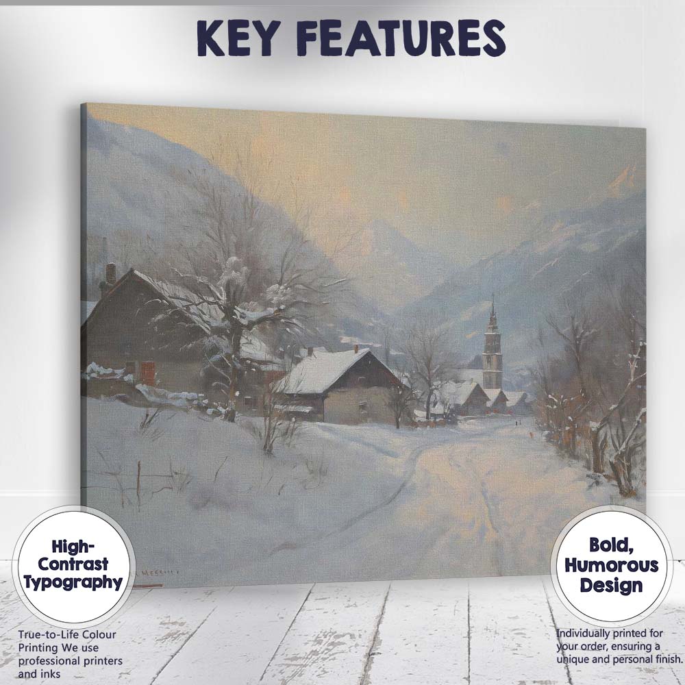 Peaceful Alpine Village Snowy Mountain Winter Scene Canvas Wall Art Print Decor Picture Ready to Hang