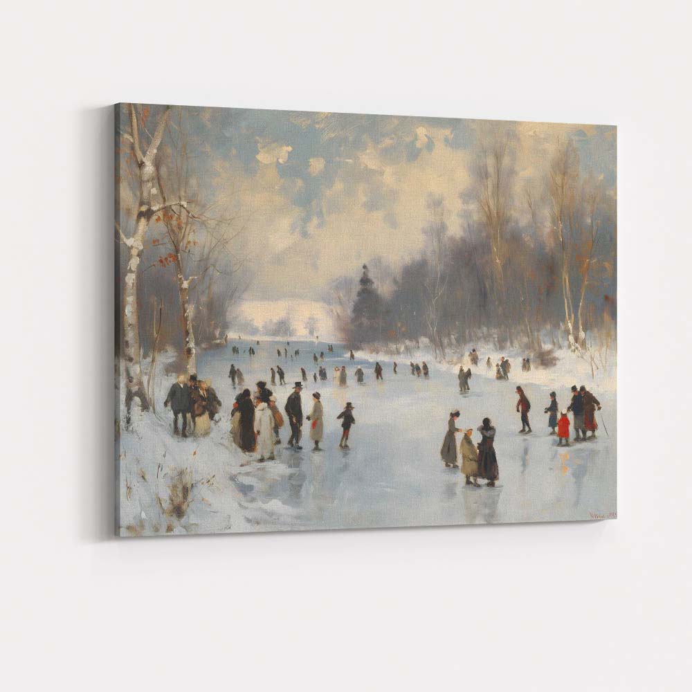 Traditional Winter Ice Skating Frozen River Landscape Canvas Wall Art Print Decor Picture Ready to Hang