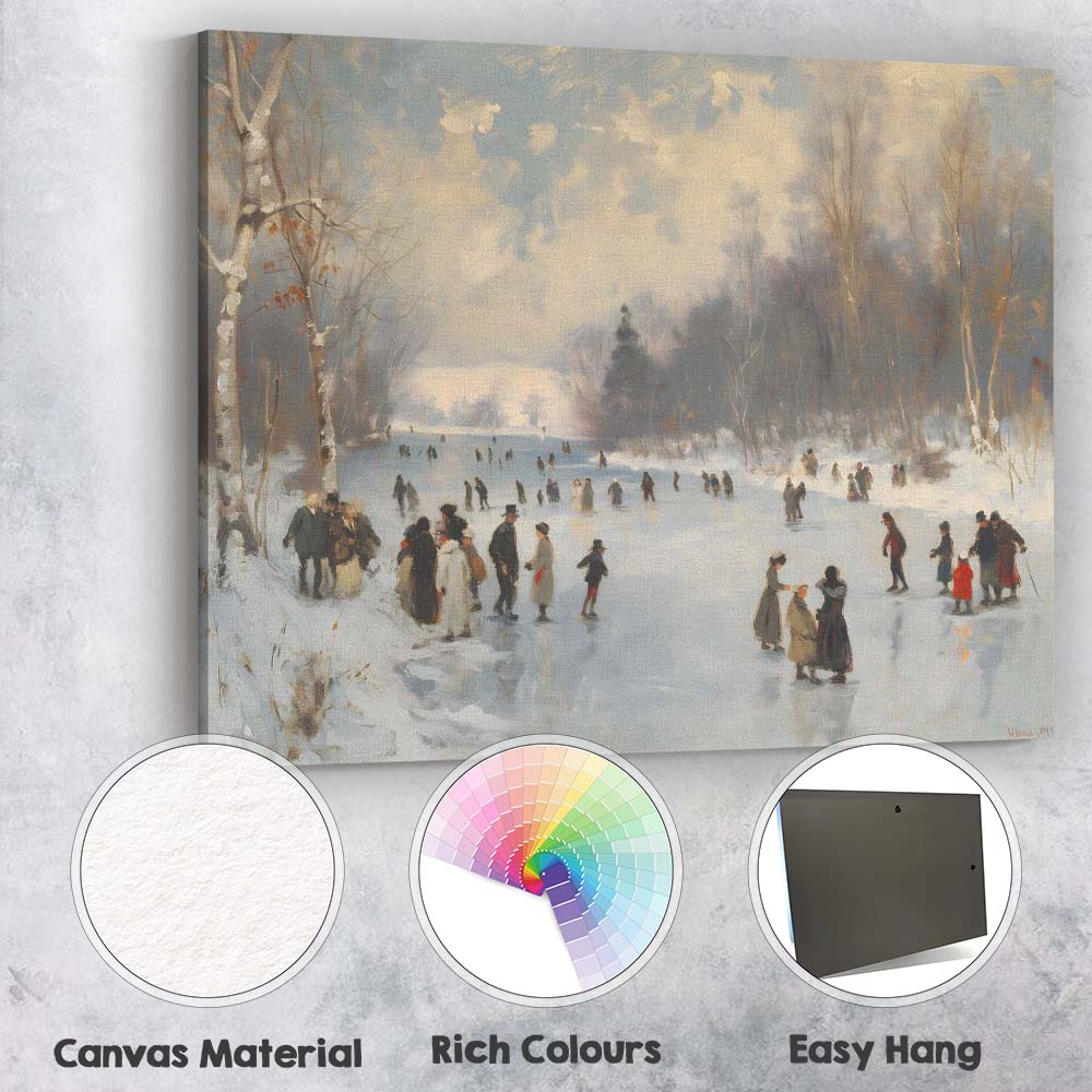 Traditional Winter Ice Skating Frozen River Landscape Canvas Wall Art Print Decor Picture Ready to Hang