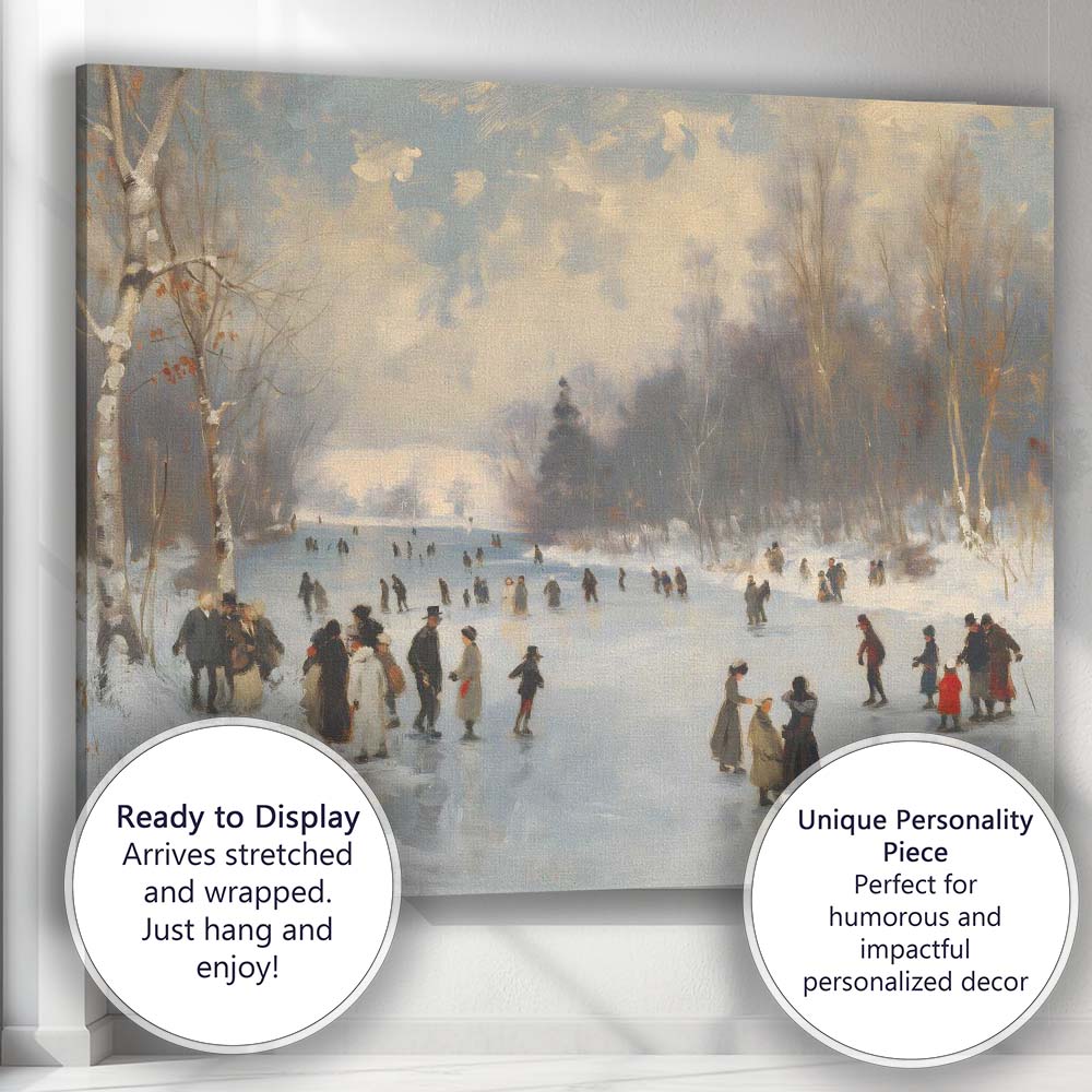 Traditional Winter Ice Skating Frozen River Landscape Canvas Wall Art Print Decor Picture Ready to Hang