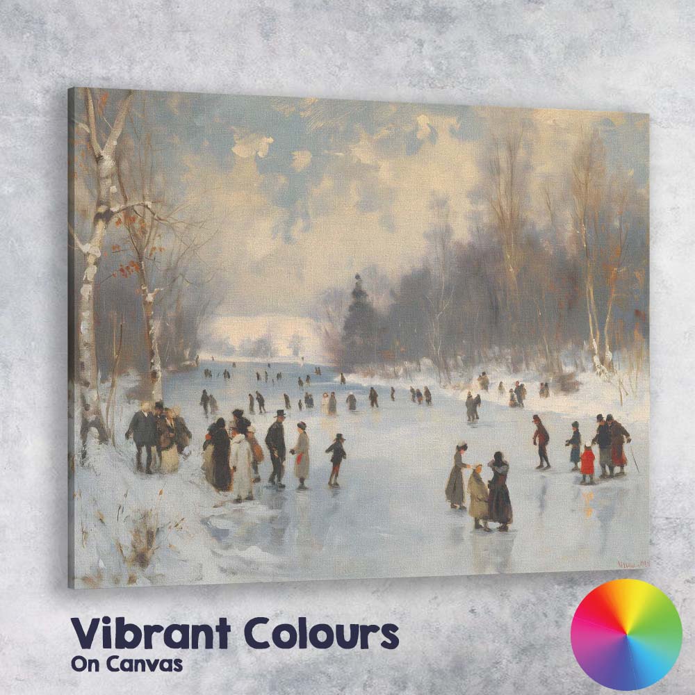 Traditional Winter Ice Skating Frozen River Landscape Canvas Wall Art Print Decor Picture Ready to Hang