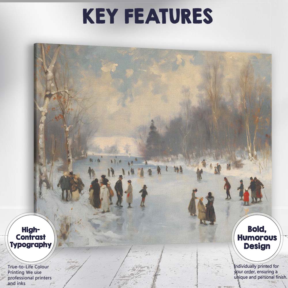 Traditional Winter Ice Skating Frozen River Landscape Canvas Wall Art Print Decor Picture Ready to Hang